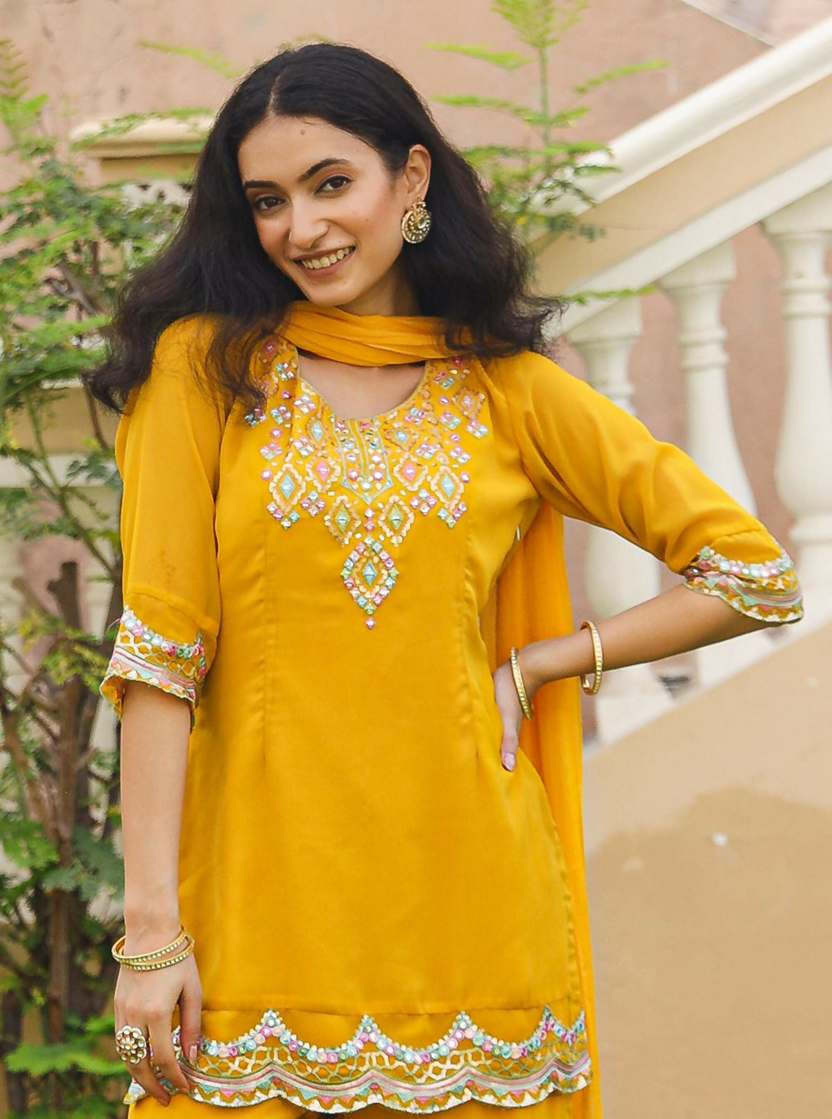 Juniper Women's Mustard Thread Embroidered Georgette Kurta Sharara And Dupatta Set With Sequins & Mirror Work | Grocsy