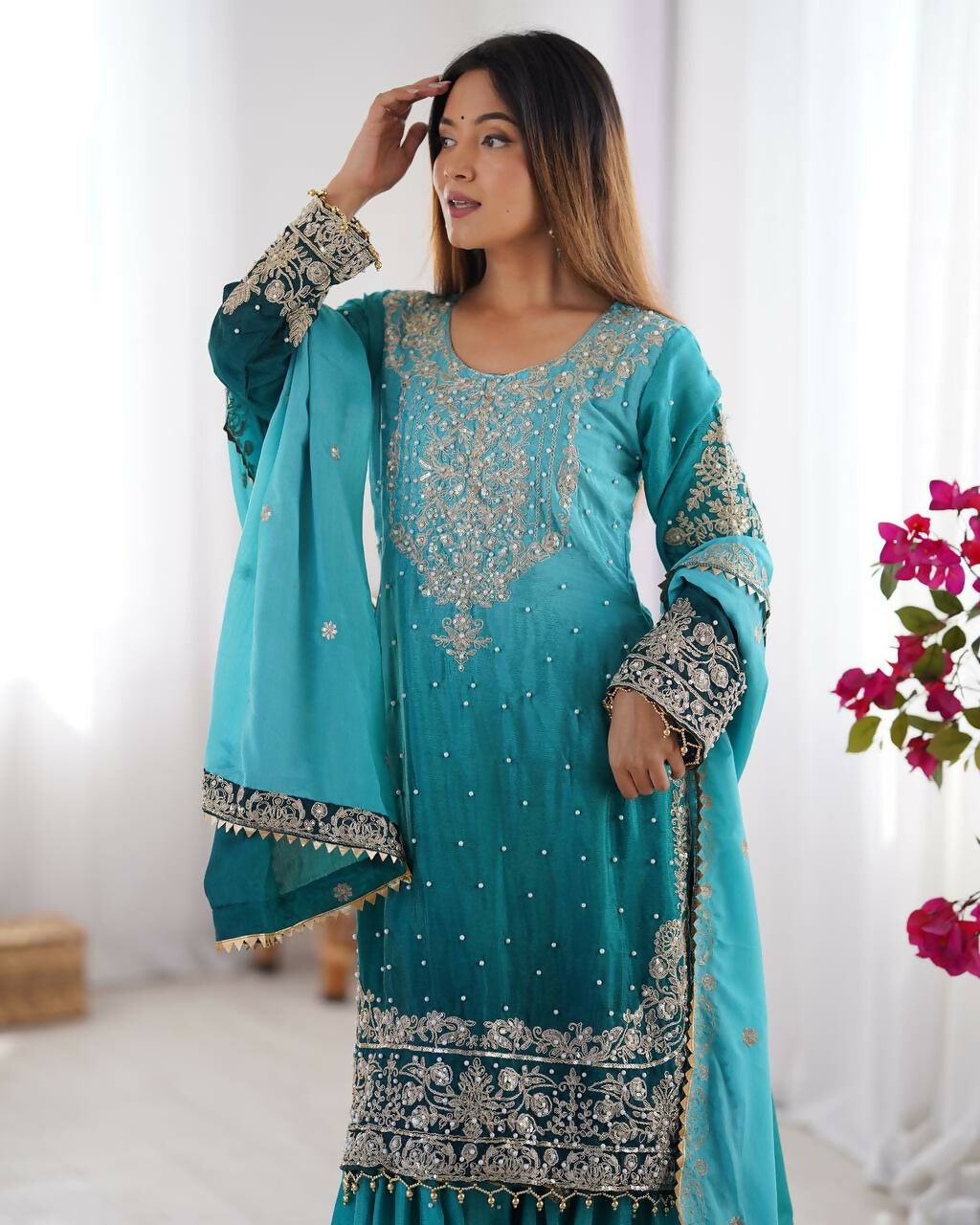 The52 Women's Beautiful Chinon silk Fabric Embroidery Work Straight Kurta Palazzo and Dupatta Set | Grocsy