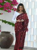 Beatitude Maroon Khadi Floral Embroidered Saree | Grocsy