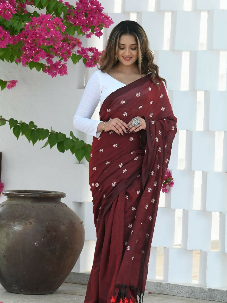 Beatitude Maroon Khadi Floral Embroidered Saree | Grocsy