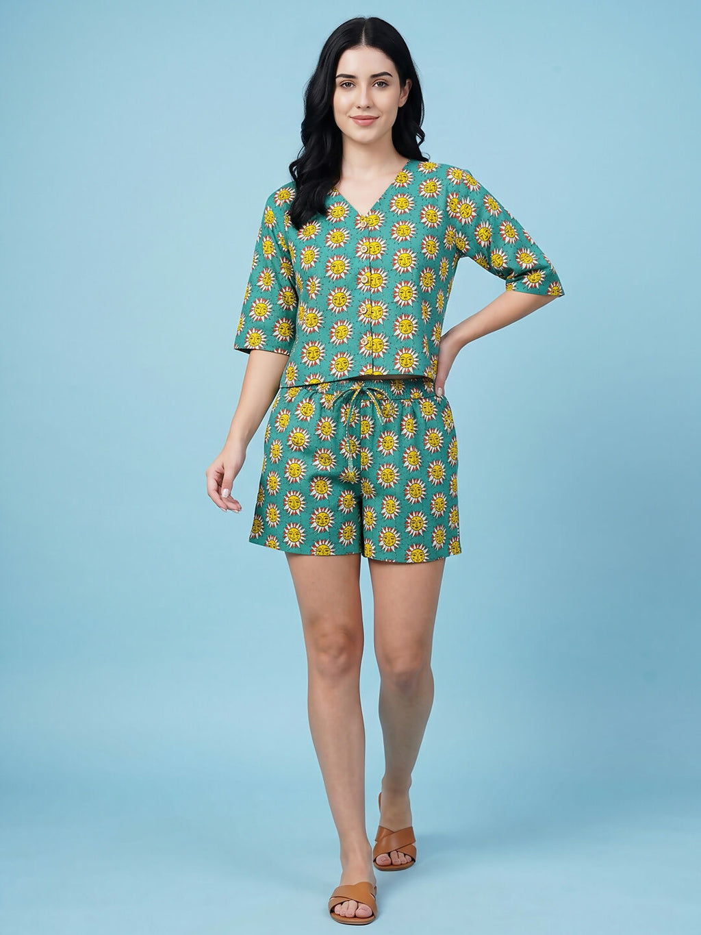 Breathables Woven Cotton Half Sleeves Sun Shorts Set Blue | Grocsy