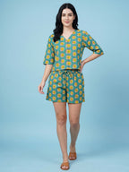 Breathables Woven Cotton Half Sleeves Sun Shorts Set Blue | Grocsy
