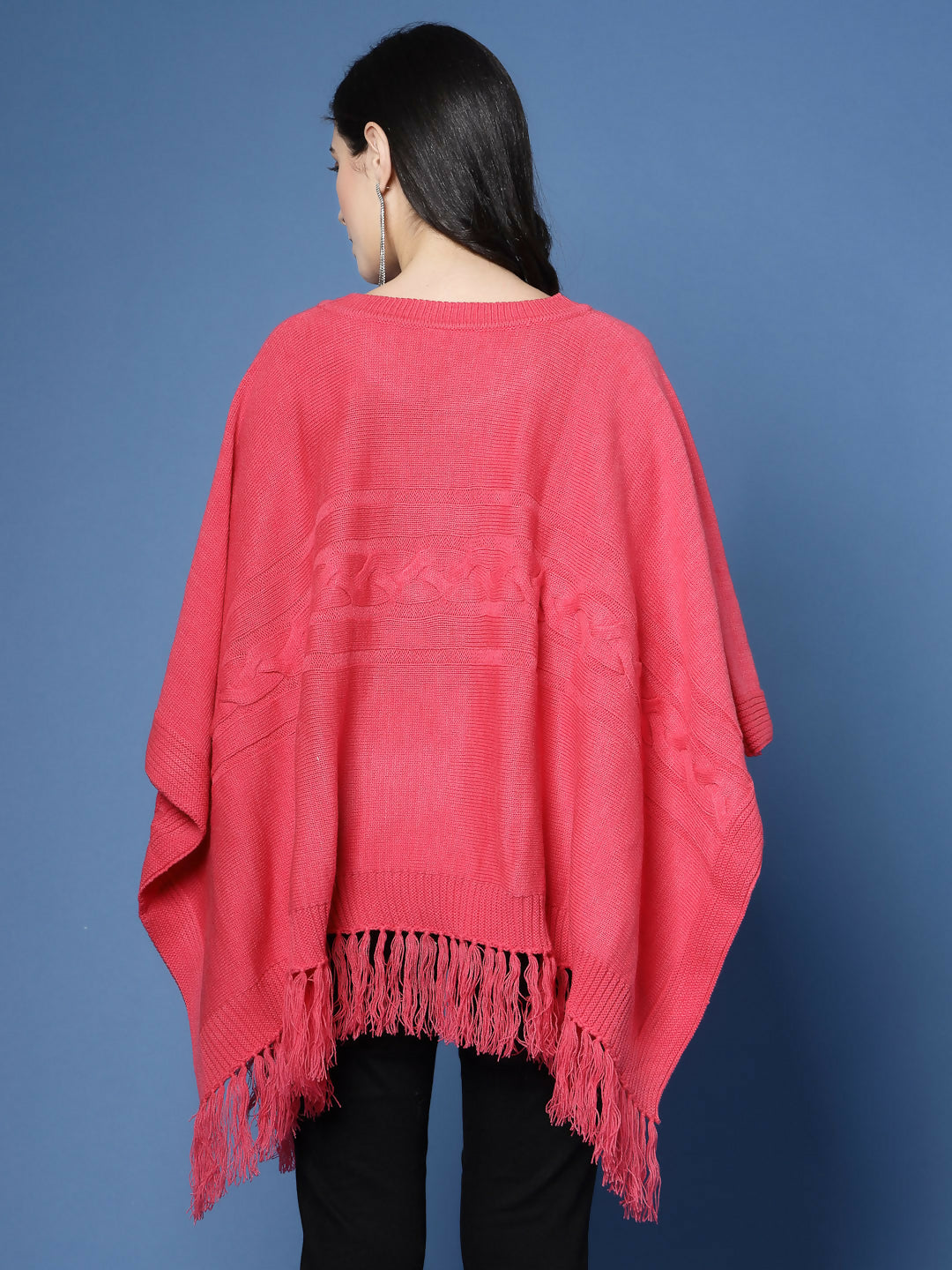 Women Fuchsia Acrylic Self Design Poncho - Wool Trees | Grocsy