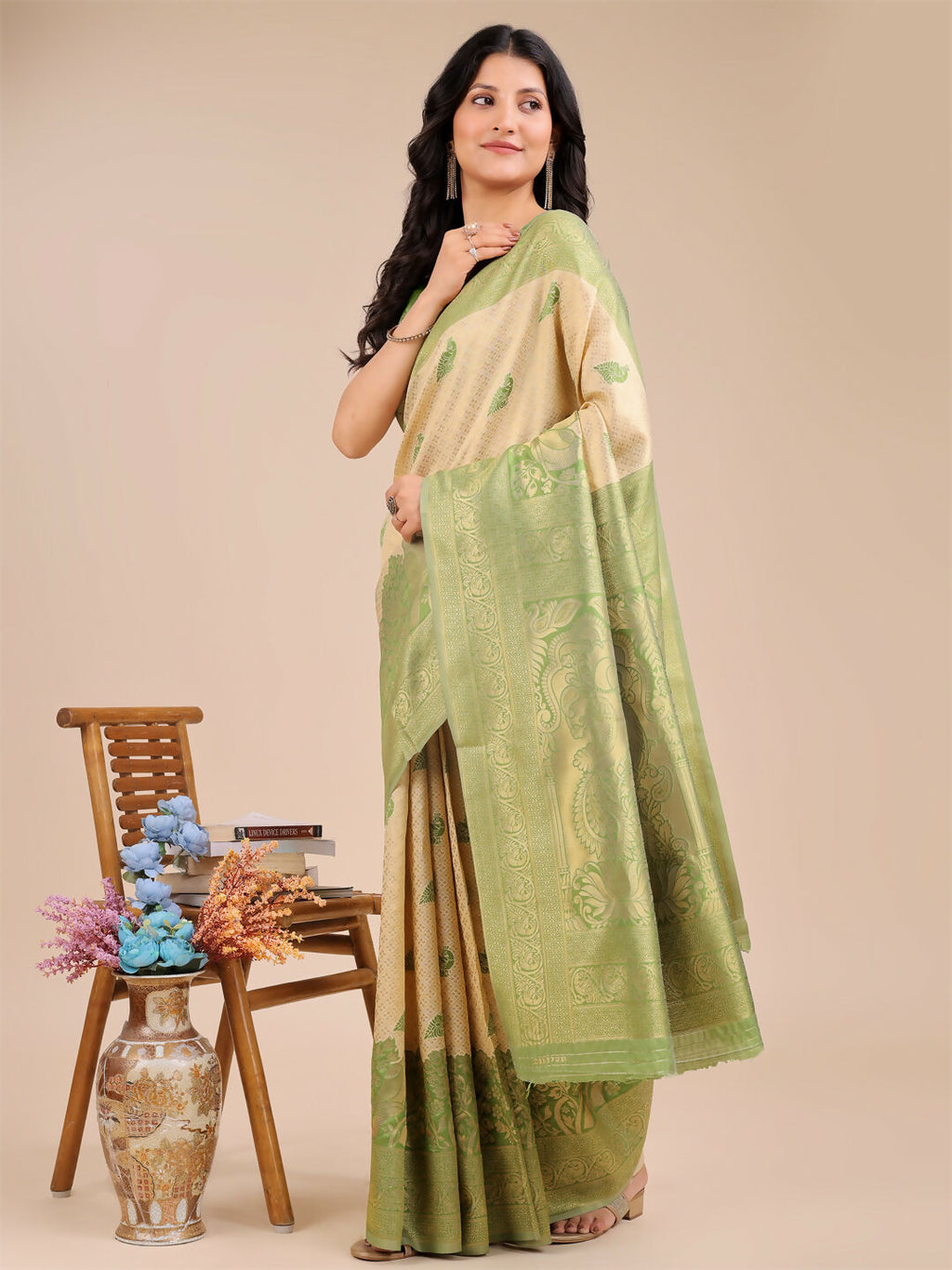 Shree Shyam Fashion Banarasi Silk Cream & Light Green Saree | Grocsy