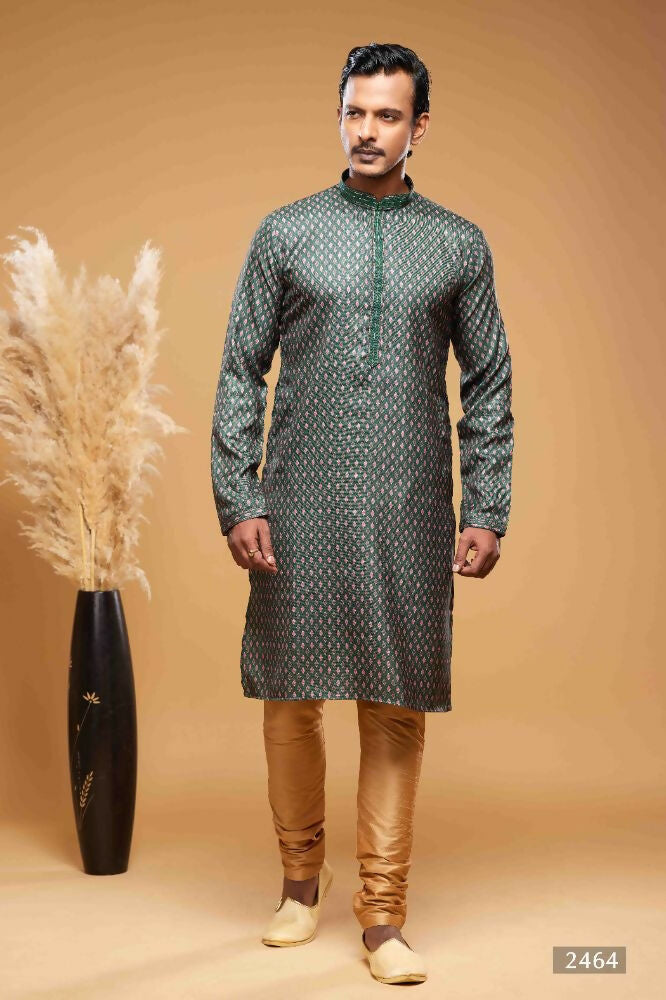 Raivat Ethnic Art Silk Digital Print Pintux Work Kurta Pajama In Green Colour | Grocsy