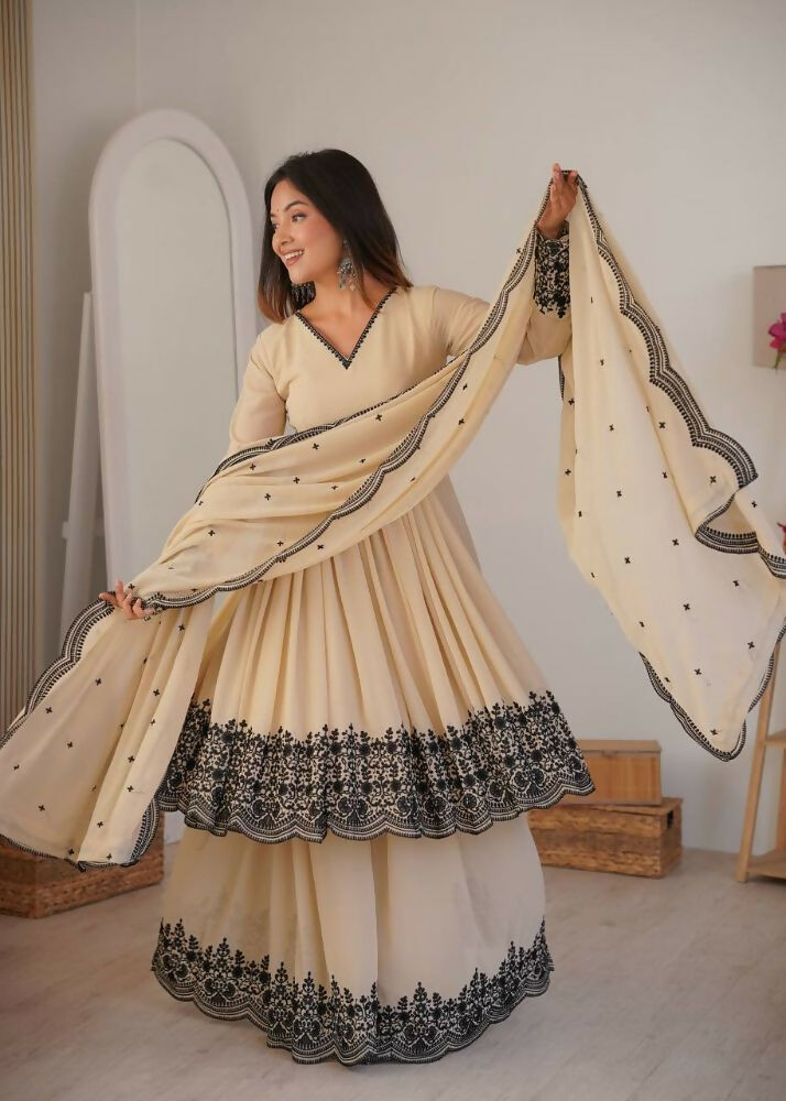 Teeya Creation Cream Color Faux Georgette Embrodiery Work Party Wear Sharara set | Grocsy