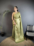 Joban Fashion Dusty Green Paisley & Floral Soft Satin Silk Banarasi Silk Saree | Grocsy