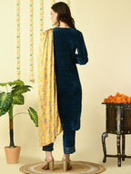 Myshka Women's Teal Velvet Kurta & Trousers With Dupatta Party Sets | Grocsy