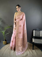 Joban Fashion Peach Floral & Paisley Linen Silk Banarasi Saree | Grocsy