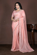 Morchari Peach Chiffon Hand Embroidery Saree Stitched Blouse | Grocsy