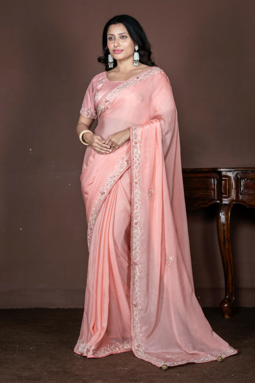 Morchari Peach Chiffon Hand Embroidery Saree Stitched Blouse | Grocsy