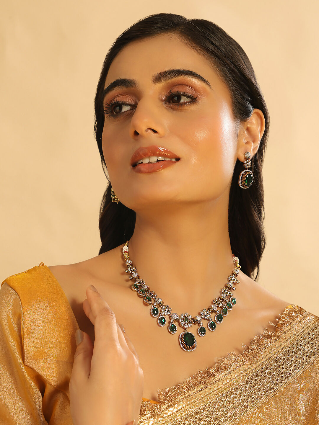 Nuyug 18K Gold Plated Emerald Blossom Necklace Set | Grocsy