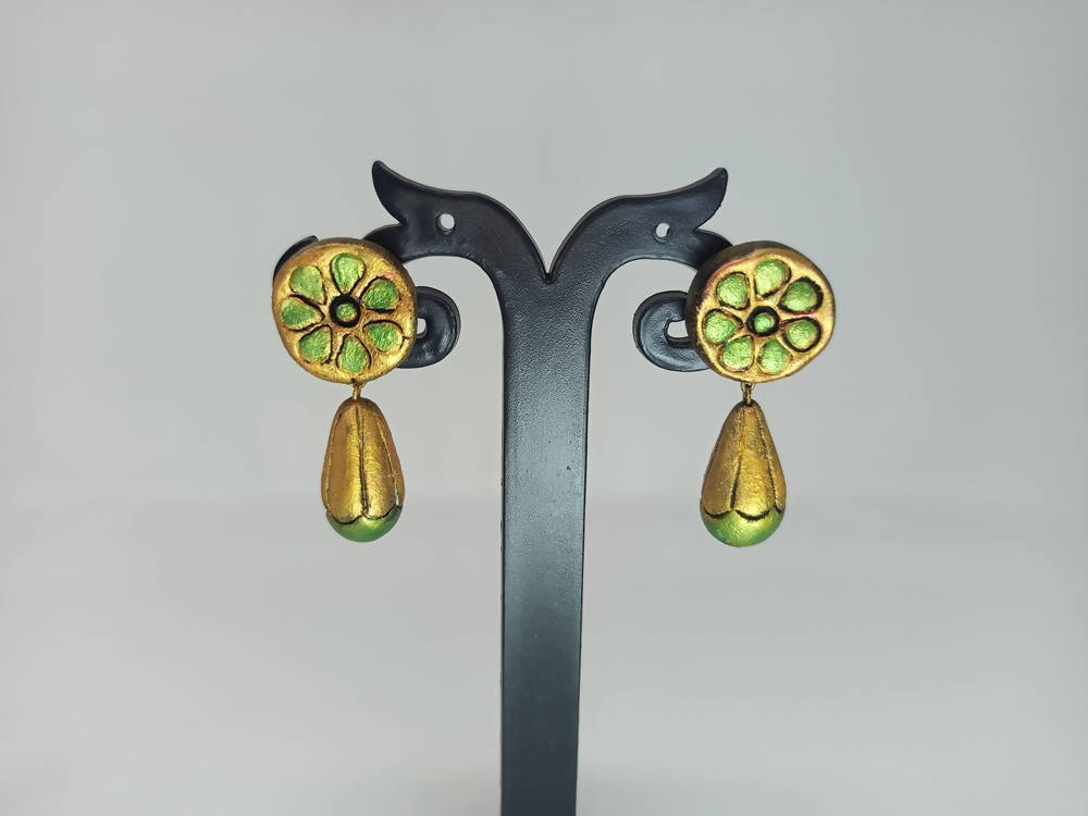 Terracotta Round Earstuds With Drops-Copper And Green | Grocsy