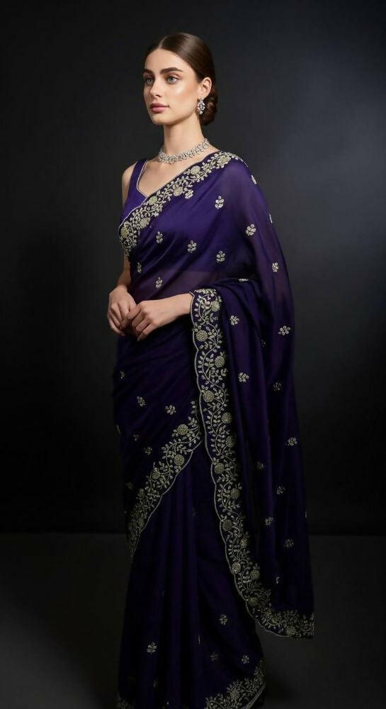 Joban Fashion Blue Fandy Satin Silk Party Wear Sarees | Grocsy