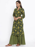 Miravan Women's Green & Yellow Floral Printed Pure Cotton Kurta With Sharara | Grocsy