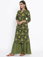Miravan Women's Green & Yellow Floral Printed Pure Cotton Kurta With Sharara | Grocsy