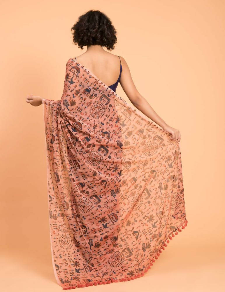 Suta Peach Blue Warli Printed Pure Cotton Saree | Grocsy