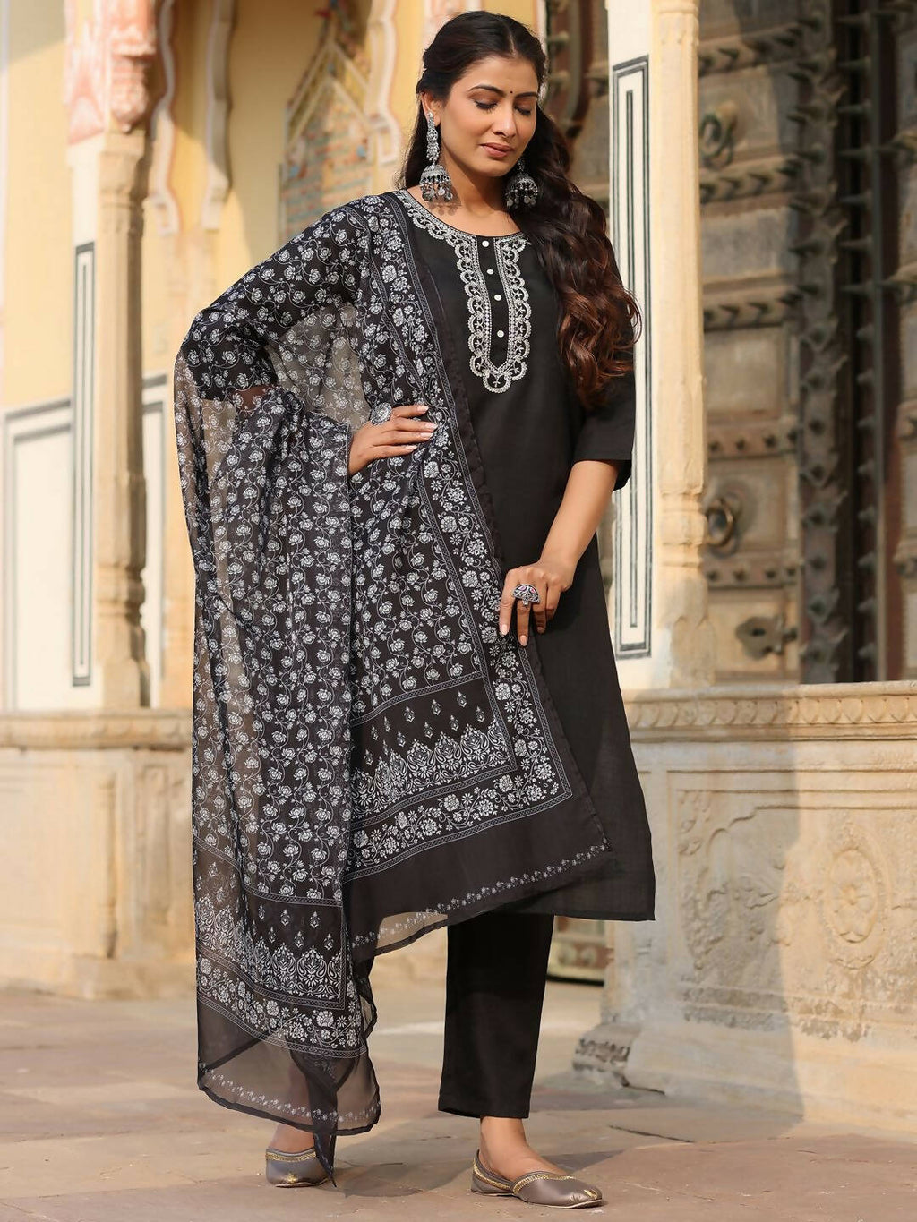 Juniper Women's Black Silk Solid Embroidered Kurta Set | Grocsy