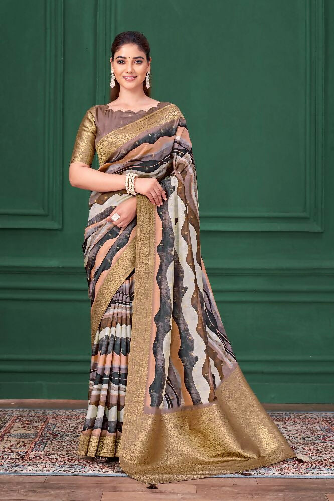 Lilac Purple Tussar Silk Jacquard Abstract Digital Print Saree with Unstitched Blouse - Mohira | Grocsy