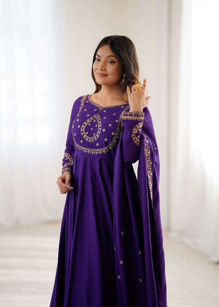 The52 Women's Beautiful Embroidery Work Roman Chanderi Silk Fabric Flared Anarkali Pant and Dupatta Set | Grocsy