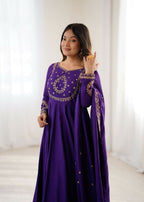The52 Women's Beautiful Embroidery Work Roman Chanderi Silk Fabric Flared Anarkali Pant and Dupatta Set | Grocsy