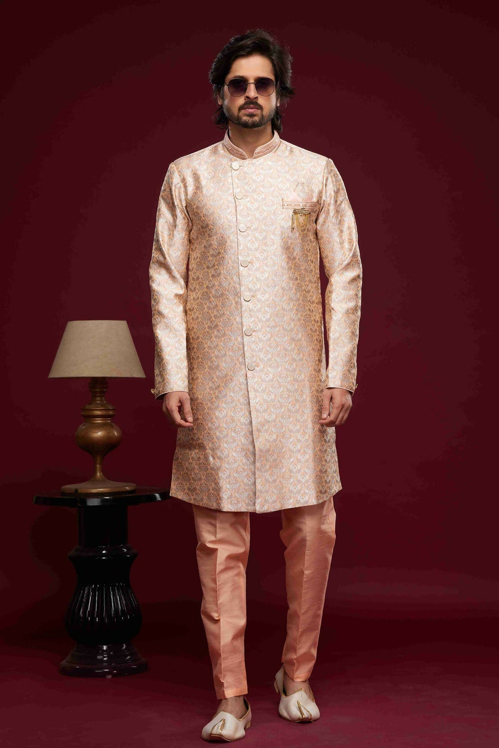 Raivat Ethnic Banarasi Jacquard Embroidery Semi Indo Western Sherwani In Peach Colour | Grocsy
