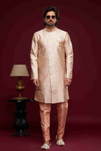 Raivat Ethnic Banarasi Jacquard Embroidery Semi Indo Western Sherwani In Peach Colour | Grocsy