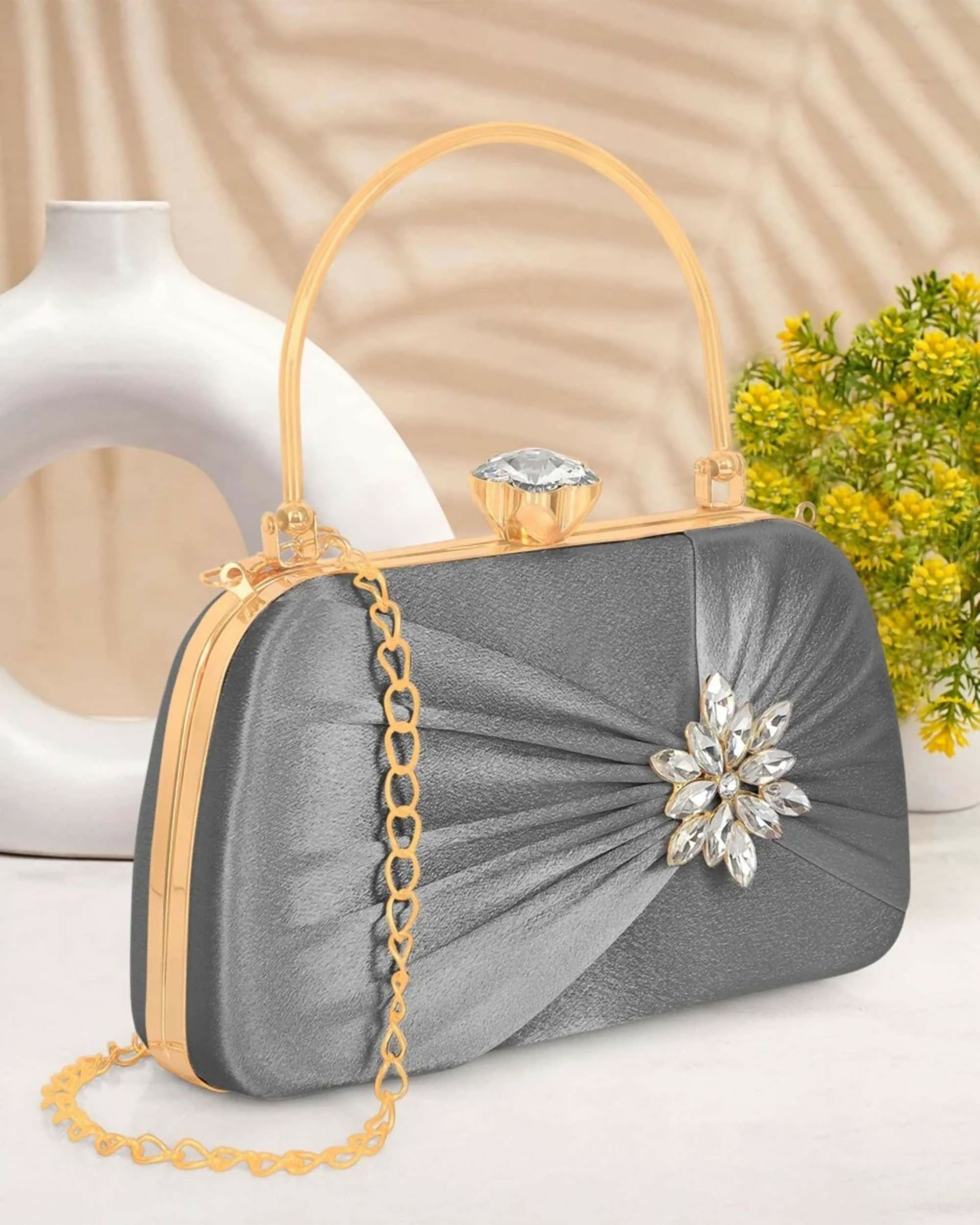 Joban Fashion Luxurious Satin Evening Clutch With Detachable Chain Strap - Grey | Grocsy