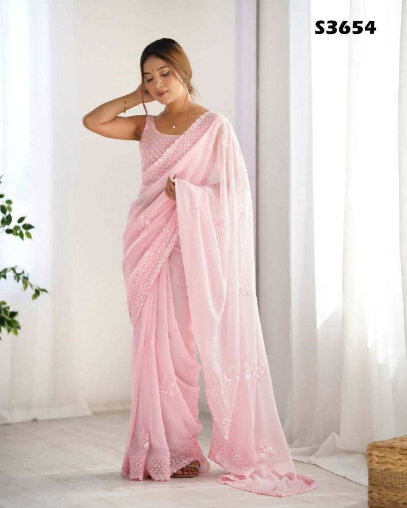 Attractive Looking Georgette Thread, Sequance Embroidery Work Party Wear Saree - Pink | Grocsy