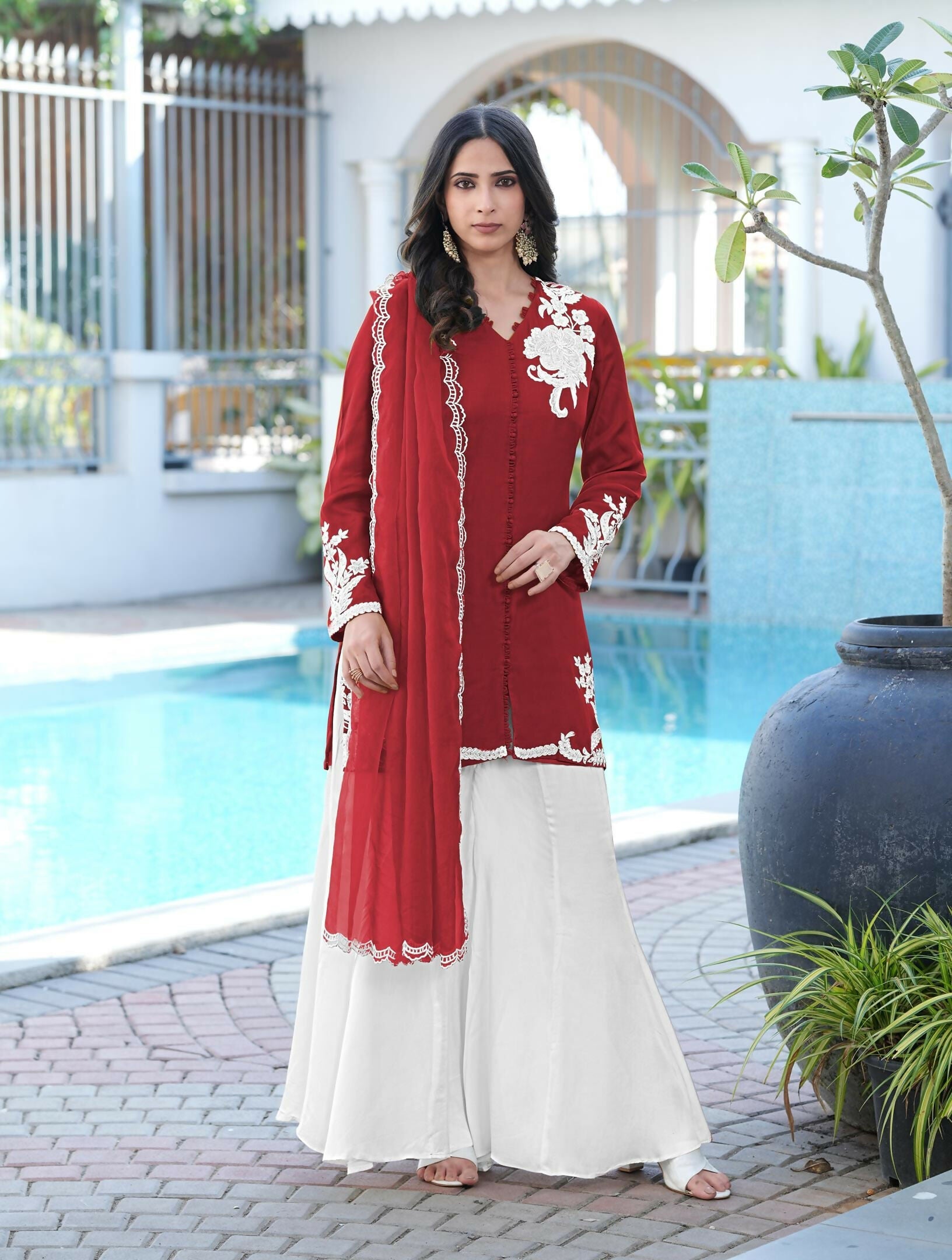 Nikhaar Maroon Embroidered Modal Silk Stitched Straight Cut Kurta Kalidar Palazzo Dupatta Readymade Suit | Grocsy