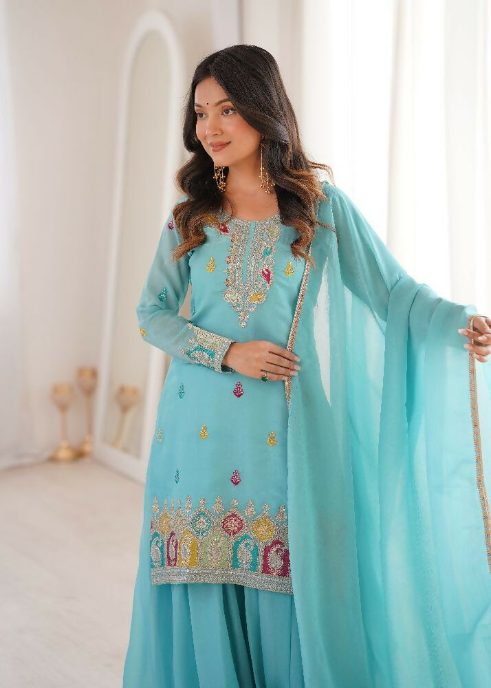 Teeya Creation Sky Blue Color Soft Crunchy Silk Party Wear Designer Sharara set | Grocsy