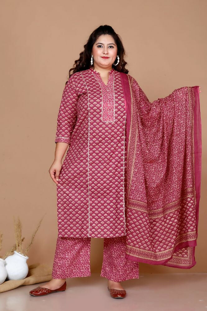 Miravan Women Plus Size Pink Straight Floral Printed Kurta & Palazzo With Dupatta | Grocsy