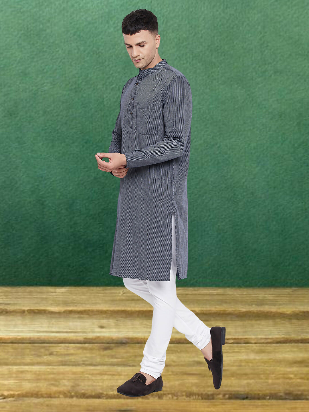 Even Apparels Men's Pure Cotton Grey Striped Kurta | Grocsy