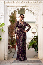 Vastranavya Wine Lurex Brasso Floral Printed Saree with Unstitched Blouse | Grocsy