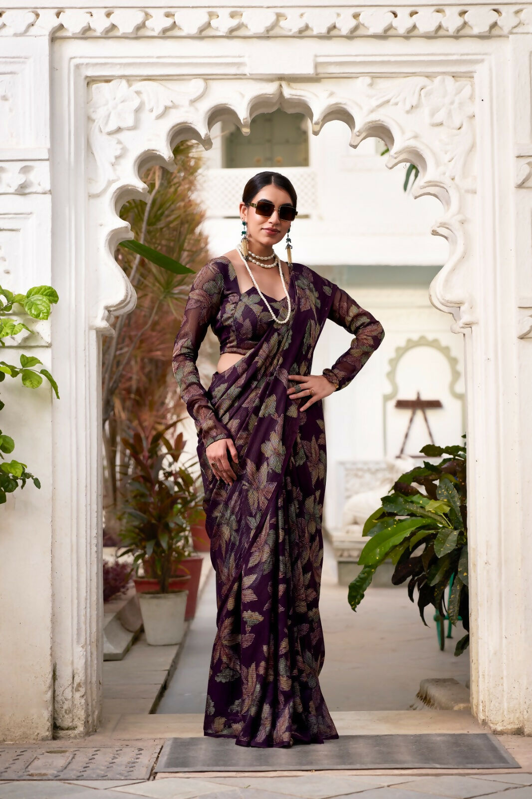 Vastranavya Wine Lurex Brasso Floral Printed Saree with Unstitched Blouse | Grocsy