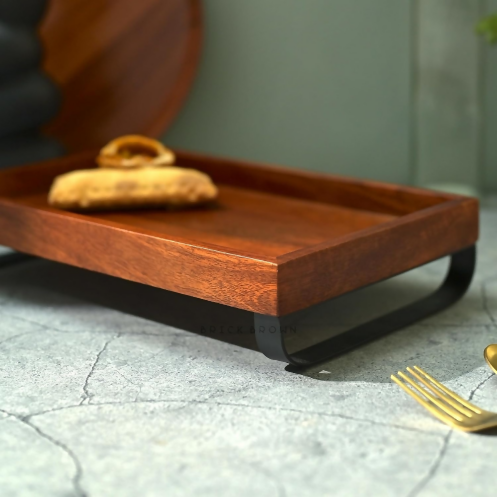 Brick Brown Premium Wooden Serving Tray/Platter with Black Metal Stand | Grocsy