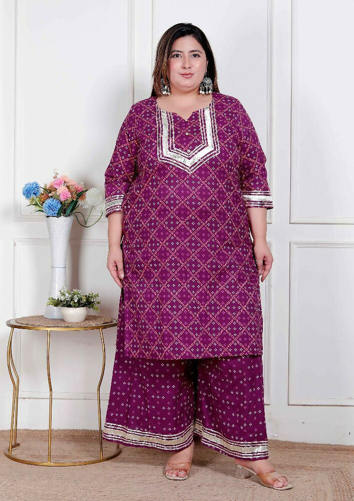 Miravan Plus Size Women Cotton Magenta Gota Work Kurta With Flared Palazzo | Grocsy