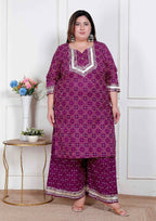 Miravan Plus Size Women Cotton Magenta Gota Work Kurta With Flared Palazzo | Grocsy
