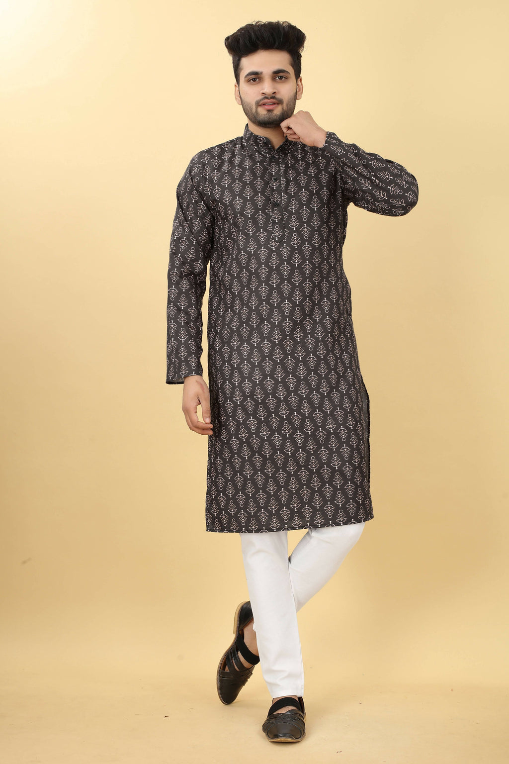 Black Cotton Printed Men's Kurta - Mahotsav | Grocsy