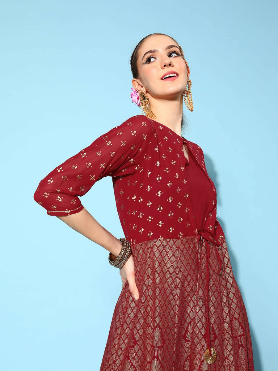 Ahalyaa Women Beautiful Maroon Crepe Brocade Ethnic Dress | Grocsy