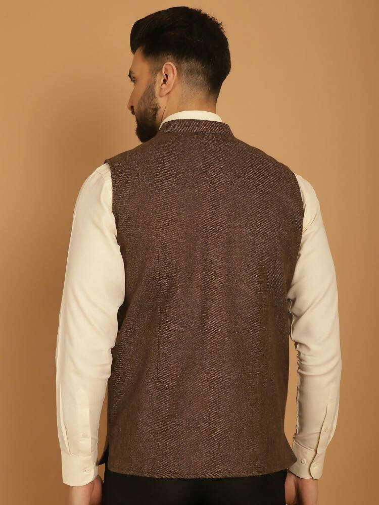 Even Apparels Pure Wool Nehru Jacket - Brown | Grocsy