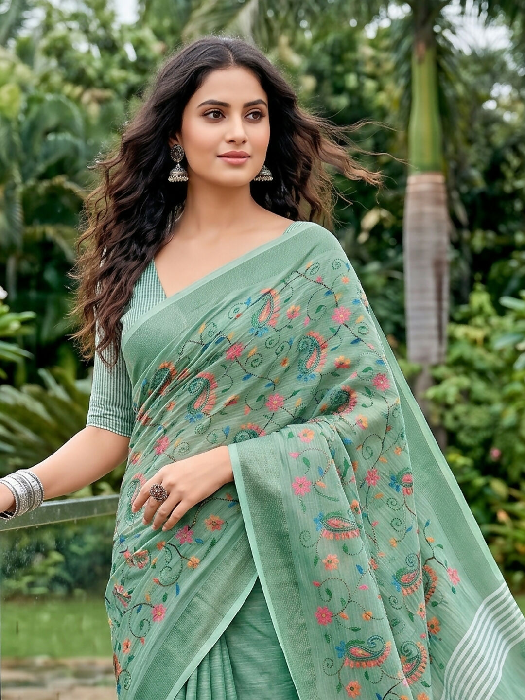 Shree Shyam Fashion Sea Green Linen Saree | Grocsy