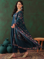 Sangria Floral Embroidered A-Line Kurta & Trousers With Dupatta | Grocsy
