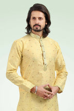 Raivat Ethnic Jacquard Banarasi Silk Pintux Work Kurta Pajama In Yellow Colour | Grocsy
