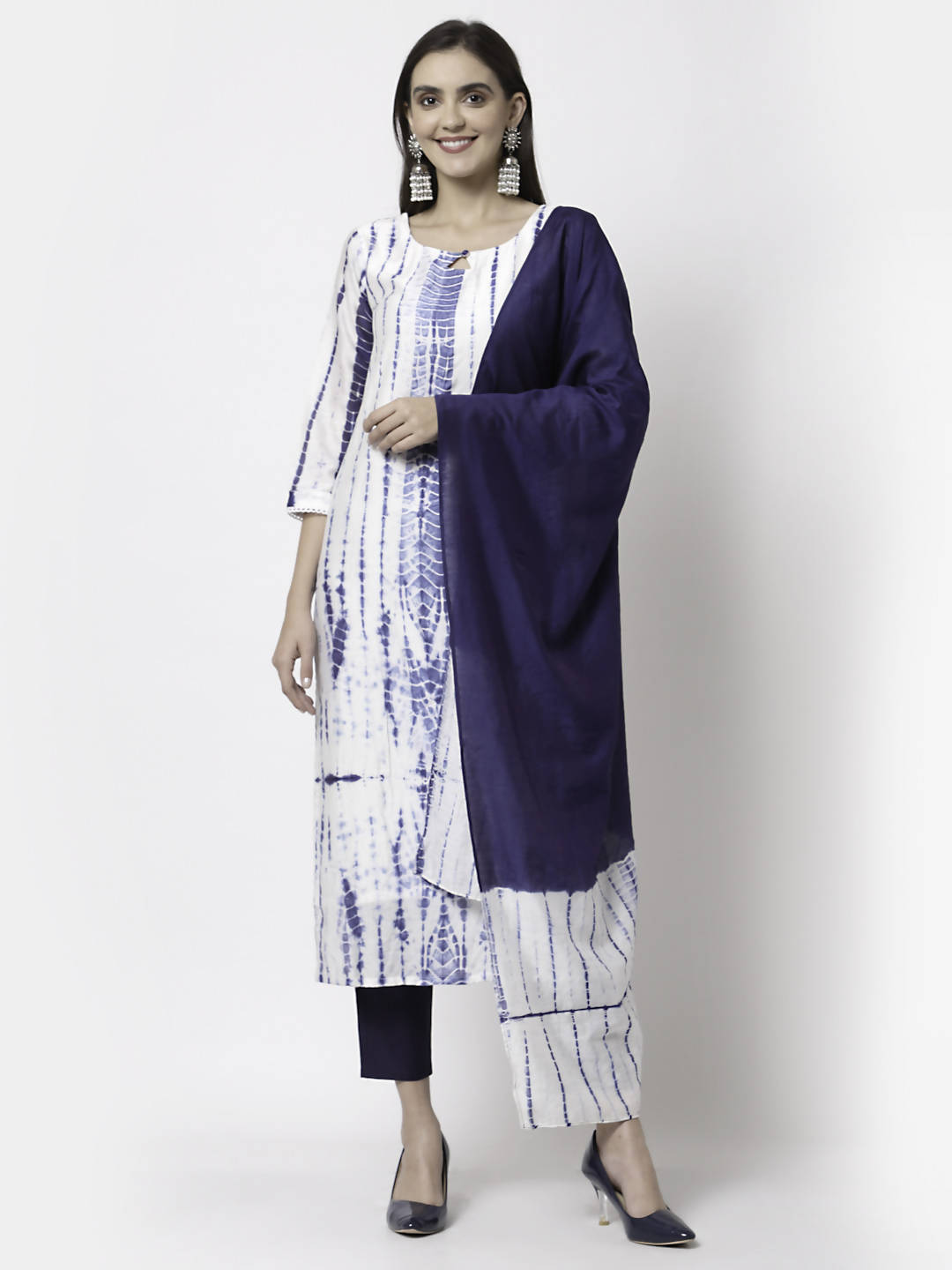 Myshka Women White Viscose Printed 3/4 Sleeve Round Neck Kurta Pant Dupatta Set | Grocsy