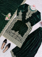 Vastranavya Green Viscose Velvet Cording Sequence With Moti Work Top-Bottom With Dupatta | Grocsy
