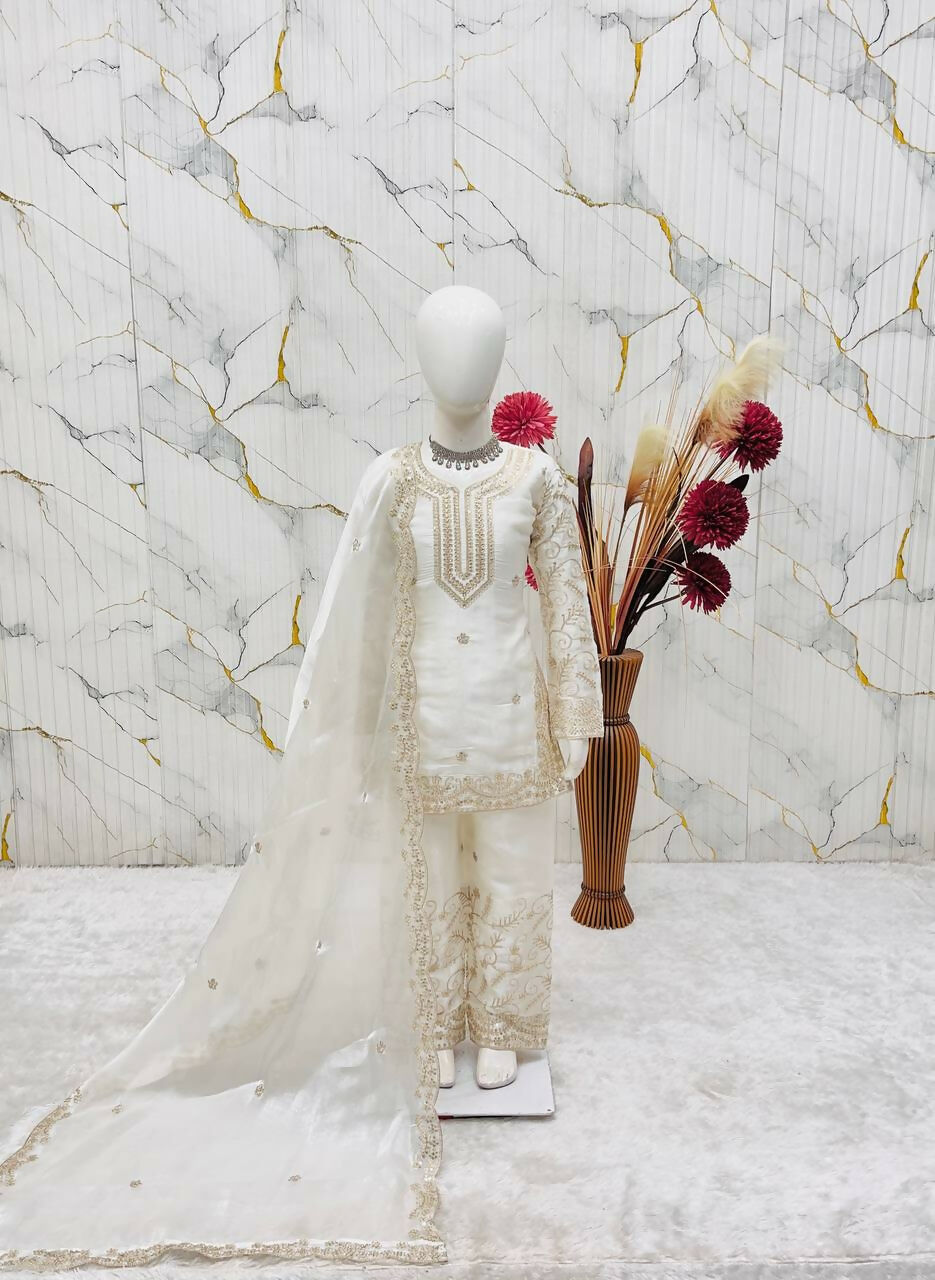 Teeya Creation New Kids Wedding Wear Heavy Embroidery Sequence Work Kurta Sharara Set-White | Grocsy