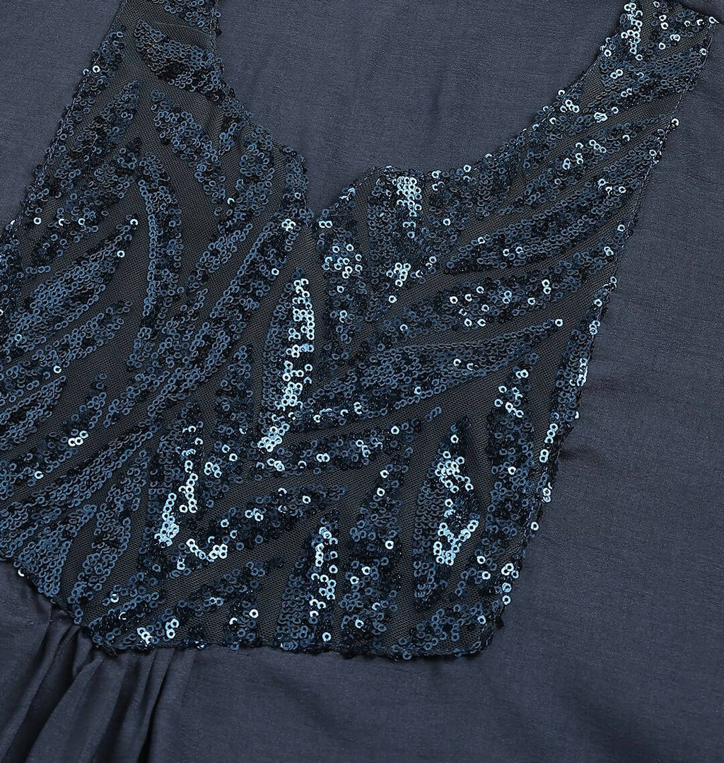 Teal Poly Cotton Yoke Sequence Embroidered A-line Top - Bosky | Grocsy