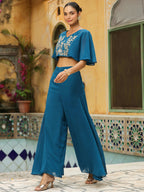 Janasya Teal Blue Georgette Yoke Embroidery Co-Ords | Grocsy