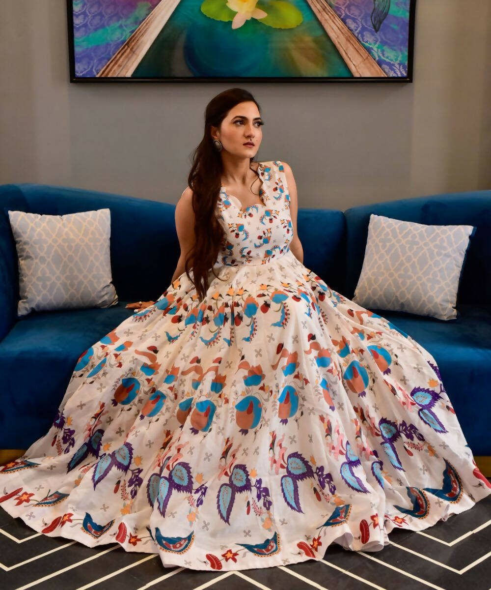 Casual Designer Offwhite Cotton Silk Gown - Anbazaar | Grocsy